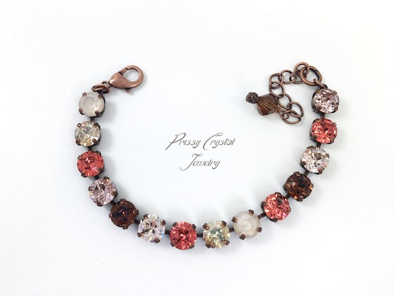 Fall Bracelet, Fall Colors, Swarovski Crystal Tennis Bracelet, Padparadscha, Cryatal Ivory Cream, Topaz, 8MM, November Birthday, Gift