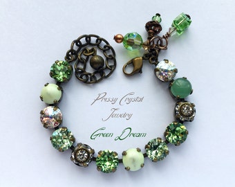 Peridot Crystal Tennis Bracelet/Green Crystal/Moss Green/Vintage Swarovski Tiered Crystals/Antique Copper/8mm/August/April Birthstone/Gift