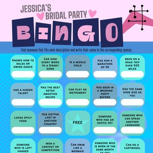Może przedstawiać: Niebiesko-zielona i różowa gra w bingo na wieczór panieński z napisem "JESSICA'S BRIDAL PARTY BINGO". Gra zawiera opisy takie jak "Umie tańczyć salsę lub swinga" i "Umie zaśpiewać każde słowo piosenki Disneya".