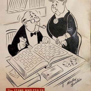 Puede incluir: Ilustración de dibujos animados en blanco y negro de dos personas, un hombre y una mujer, examinando un álbum de sellos. El texto "The Stamp Wholesaler" está en un cuadro rojo. El hombre fuma en pipa y la mujer lleva un vestido.