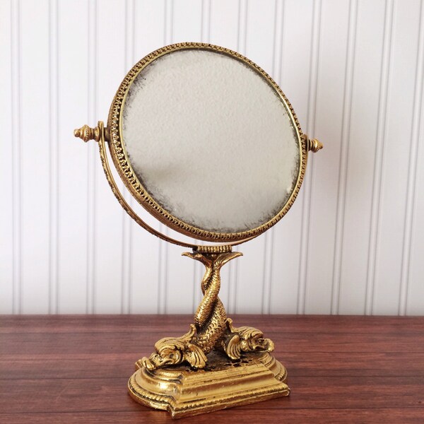 Vintage Vanity Mirror with Fish Base - Gold