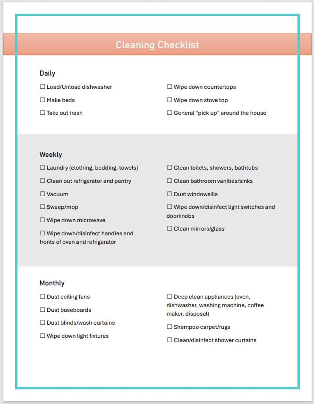 Cleaning Checklist: Daily, Weekly, Monthly - Etsy