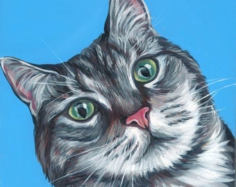 Op de afbeelding: Een close-up portret van een grijze tabbykat met groene ogen, die rechtstreeks naar de kijker kijkt. De vacht van de kat is zacht en pluizig, en zijn neus is roze. De achtergrond is helderblauw.