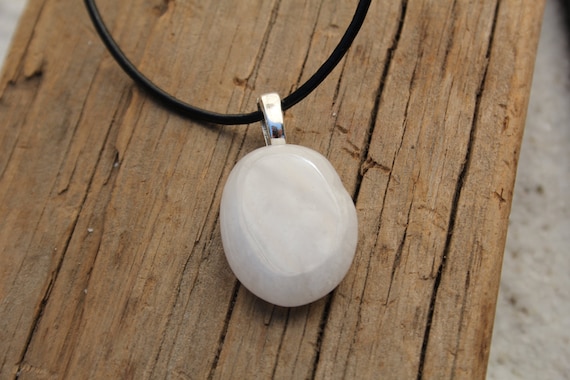 White Jade Palm Stone on a Leather Cord Necklace