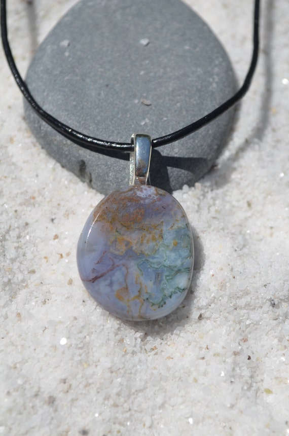 Green Moss Agate Palm Stone on a Leather Cord Necklace