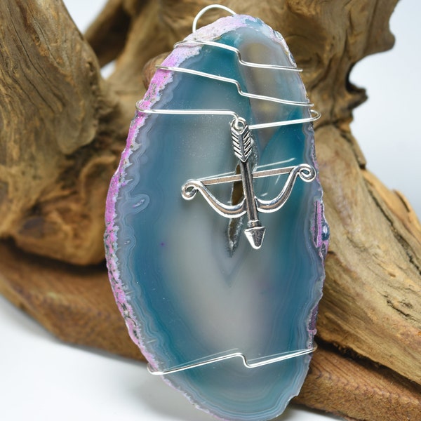 Custom Handmade Agate Slice Ornament with Silver Bow and Arrow Charm - Choose Your Agate Slice Color: - Aqua, Pink, Purple, Blue, or Natural