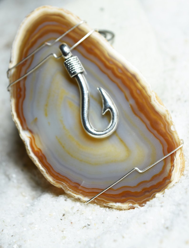 or Natural Pink Aqua Custom Handmade Agate Slice Ornament with Silver Fish Hook Charm Choose Your Agate Slice Color: Purple Blue