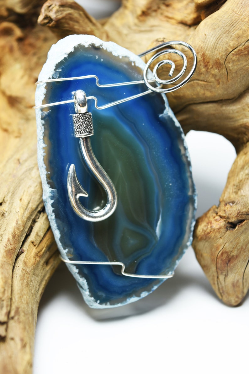 or Natural Pink Aqua Custom Handmade Agate Slice Ornament with Silver Fish Hook Charm Choose Your Agate Slice Color: Purple Blue