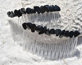 Black Tourmaline Stone Hair Combs (Qty of 2)