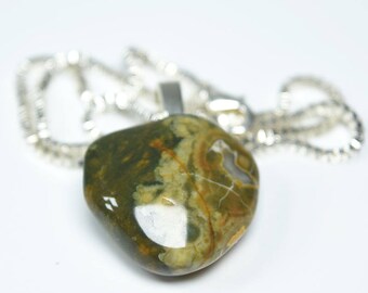 Handmade Tumbled Rhyolite Stone Pendant Necklace – Sterling Silver or Leather