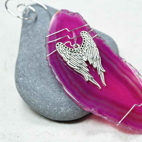 Custom Handmade Agate Slice Ornament with Silver Angel Wings Charm - Choose Your Agate Slice Color: - Aqua, Pink, Purple, Blue, or Natural