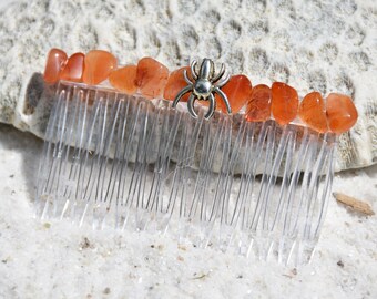 Spider charme op een oranje Carneool haar kam voor Halloween-hoeveelheid van 1-Made to order