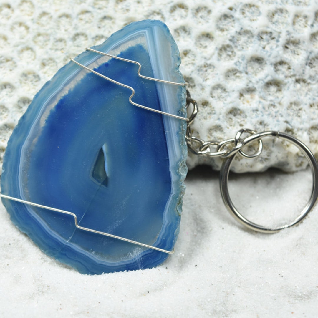 Custom Aqua Blue Agate Sliced Wire Wrapped Keychain - Etsy