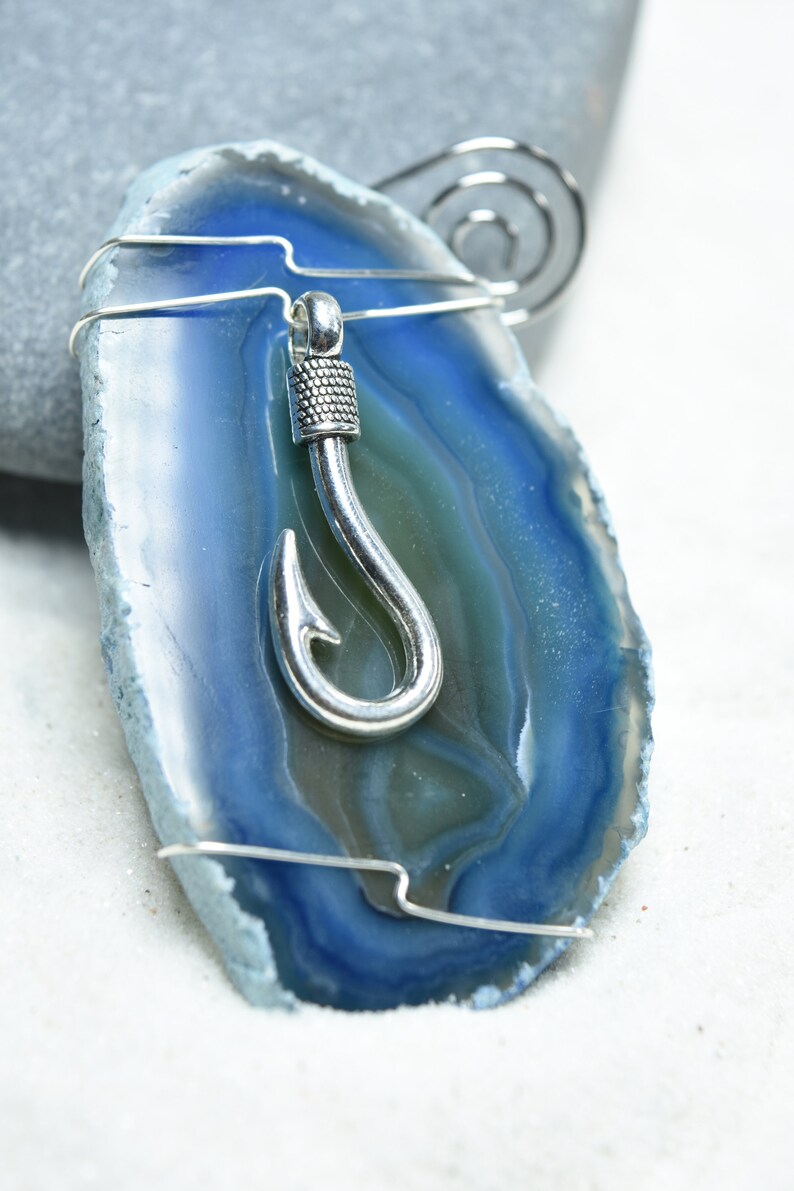 or Natural Pink Aqua Custom Handmade Agate Slice Ornament with Silver Fish Hook Charm Choose Your Agate Slice Color: Purple Blue