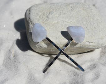 Blue Lace Agate Stone Hair Pins (quantity of 2)