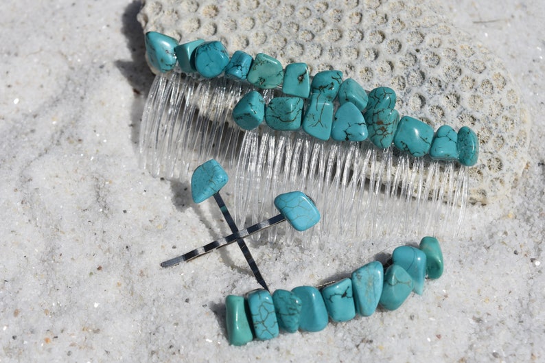 Turquoise Stone Hair Clip Set - Includes 2 Hair Combs, 1 60 mm F