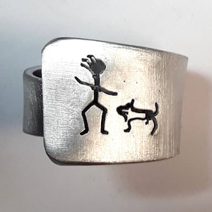 Personalized text. Open aluminum band ring with She and her dog, and custom text.