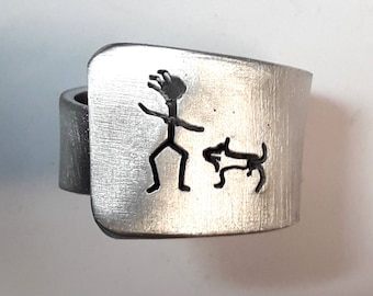 Personalized text. Open aluminum band ring with She and her dog, and custom text.