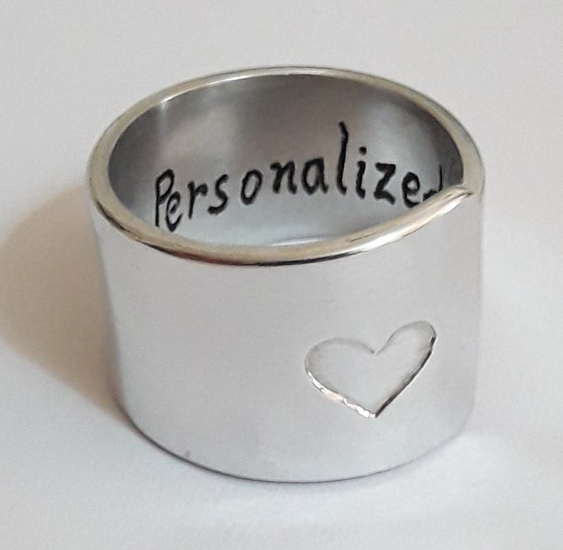 Open aluminum band ring with engraved heart, glossy finish, with internal custom text. Mother's Day gift, Mom gift. image 1