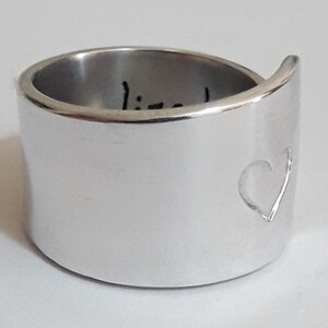Open aluminum band ring with engraved heart, glossy finish, with internal custom text. Mother's Day gift, Mom gift. image 2