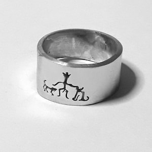 Open Aluminum Band ring with him, dog and cat, and custom personalized text.