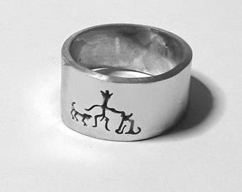 Open Aluminum Band ring with him, dog and cat, and custom personalized text.