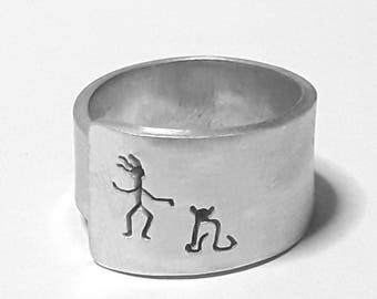 Open aluminum band ring with she and her cat, and custom text.