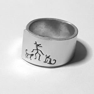 Open Aluminum Band ring with her, dog and cat, and custom personalized text.