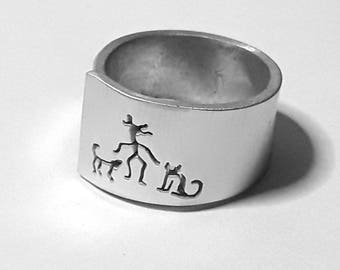 Open Aluminum Band ring with her, dog and cat, and custom personalized text.