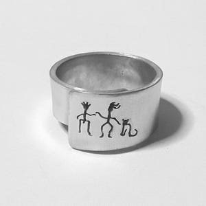Open Aluminum Band ring with him, her and the cat, and custom personalized text.