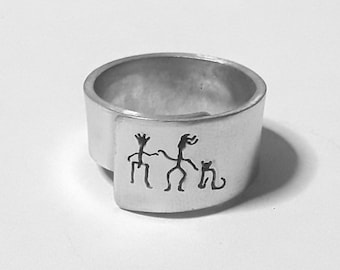 Open Aluminum Band ring with him, her and the cat, and custom personalized text.
