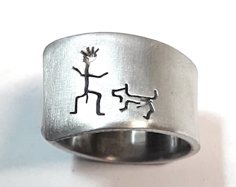 Personalized text. Open aluminum band ring with He and his dog.