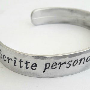 Open cuff bracelet, 12mm width, aluminum chemically etched and hand-forged, with polished finish.
