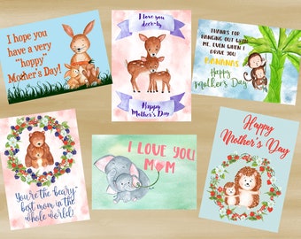 Set of Six Watercolor Animal Mother's Day Card Printables (Digital File Only)