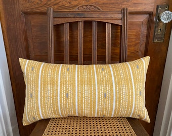 Lumbar Pillow - Mustard Yellow with Off White & Gray - Striped Print - Boho - Bohemian - Cottage - Coastal - Cabin - Cozy Gift Idea