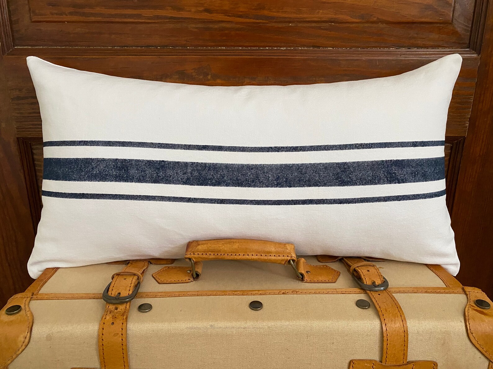 Lumbar Pillow Navy Blue Grain Sack Stripe Style White OR Etsy Canada