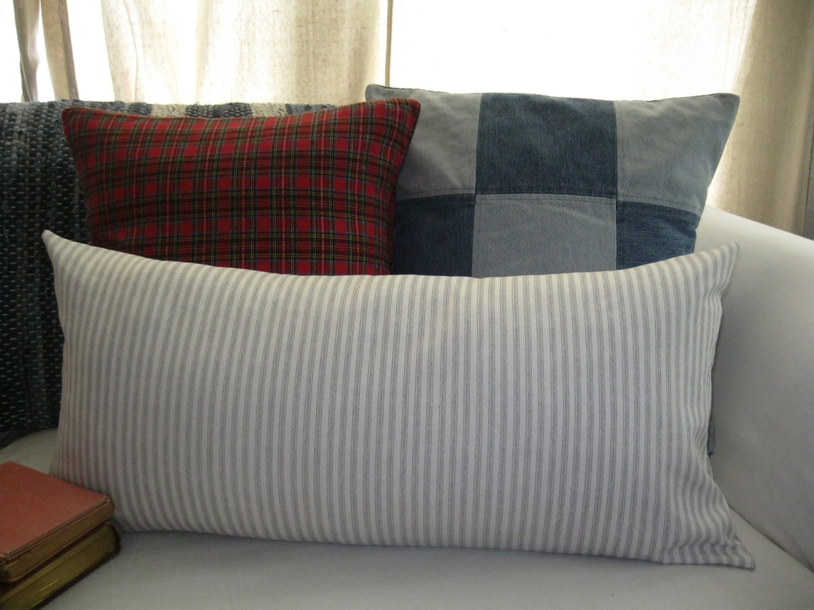 Ticking Large Lumbar Pillow Gray & White Striped Neutral Etsy