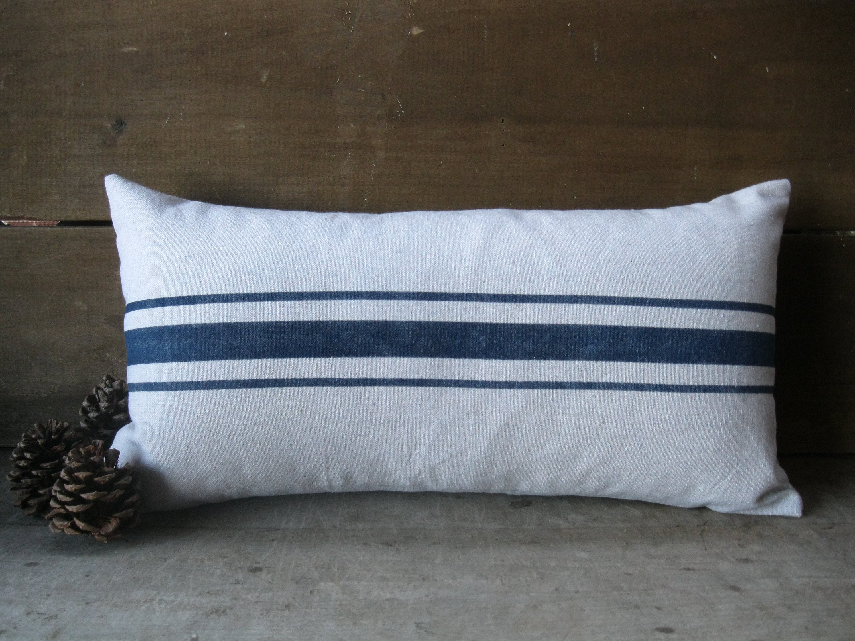 Lumbar Pillow Navy Blue Grain Sack Stripe Style White OR Etsy Canada