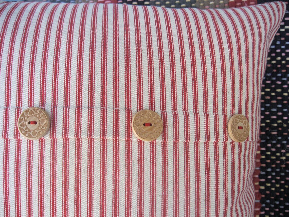 Ticking Throw Pillow Red & off White Stripe Wooden Buttons Etsy