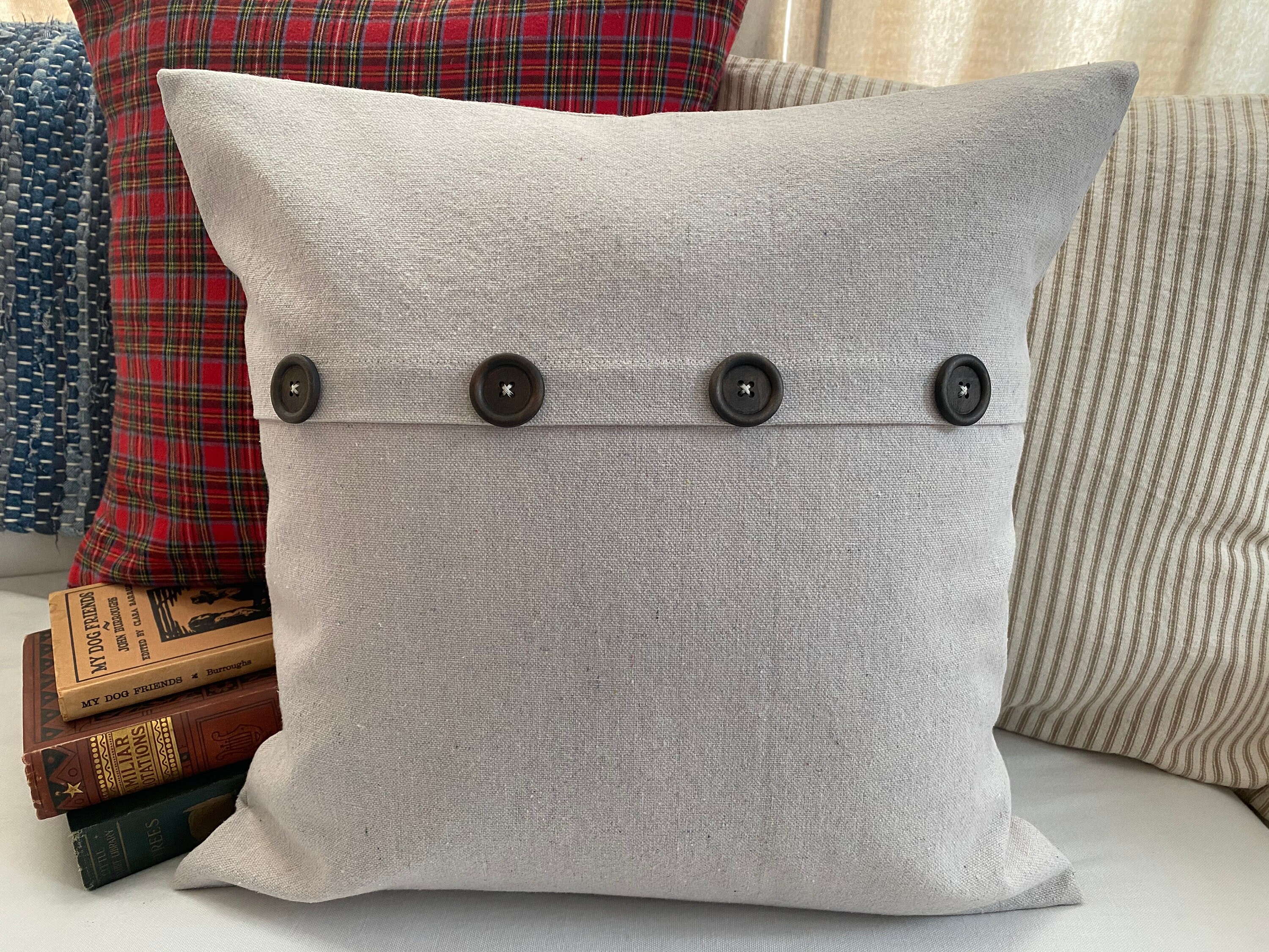 Throw Pillow White OR Cream Neutral Wooden Buttons Cottage Coastal