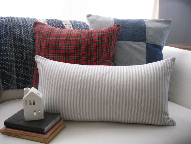 Ticking Lumbar Pillow Gray & White Striped Neutral Etsy