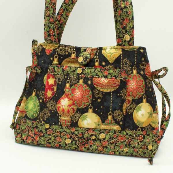 LAST FEW!! | Christmas Balls and Floral-Red, Green, Gold, Black | Tote | Handbag/Shoulder bag