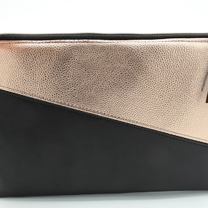 Bolso básico acolchado con cremallera / Clutch / Neceser / Mediano / Negro y oro rosa