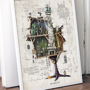 May include: A detailed illustration of a whimsical treehouse built on the legs of a bird. The treehouse is filled with windows, a ladder, and various objects, including a telescope, a birdcage, and a fireplace. The illustration is drawn in black and white with accents of green, brown, and purple.