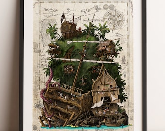 Pirate Ship, Skull Island. Poster. Large 50x70cm (19,75 x 27,5 inch.) art print