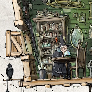 May include: A witch sits at a table in a cluttered room, holding a crystal ball. The room has shelves filled with potions and books, and a mirror hangs on the wall.