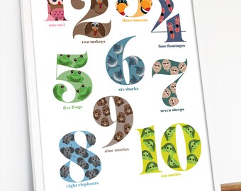 English ver. Colorful poster with the NUMBERS and FUNNY ANIMALS,  large 50x70cm (19,75 x 27,5 inch.) art print