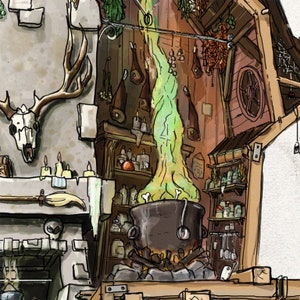 May include: A hand-drawn illustration of a witch's cauldron with green smoke rising from it. The cauldron is in a room with shelves filled with bottles and jars. There are also hanging meats and herbs in the room.