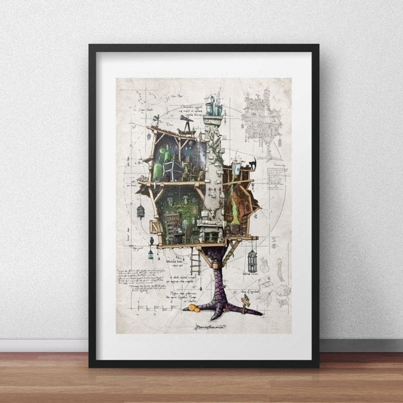 May include: A black and white illustration of a detailed architectural design of a house built on top of a giant chicken leg. The house has multiple levels and windows, and the chicken leg is decorated with purple and green feathers. The illustration is surrounded by text and diagrams.