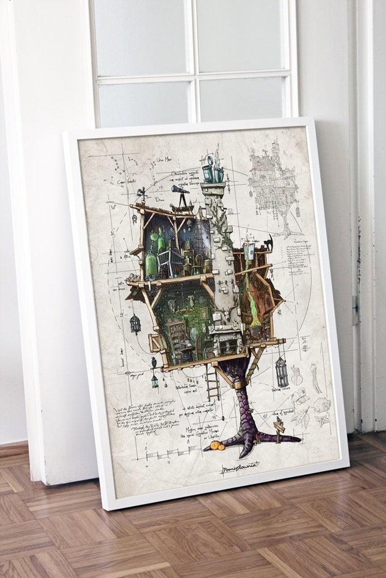 May include: A detailed illustration of a whimsical treehouse built on the legs of a bird. The treehouse is filled with windows, a ladder, and various objects, including a telescope, a birdcage, and a fireplace. The illustration is drawn in black and white with accents of green, brown, and purple.